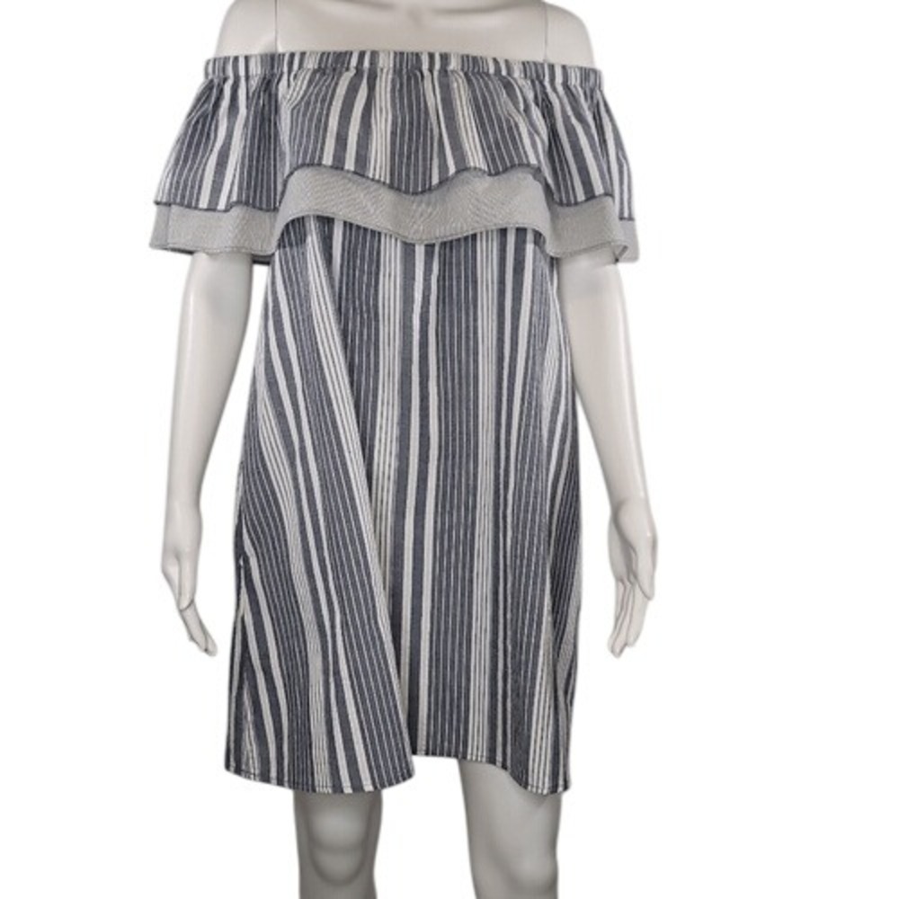 Umgee Blue & White Striped Off Shoulder Mini Dress‎